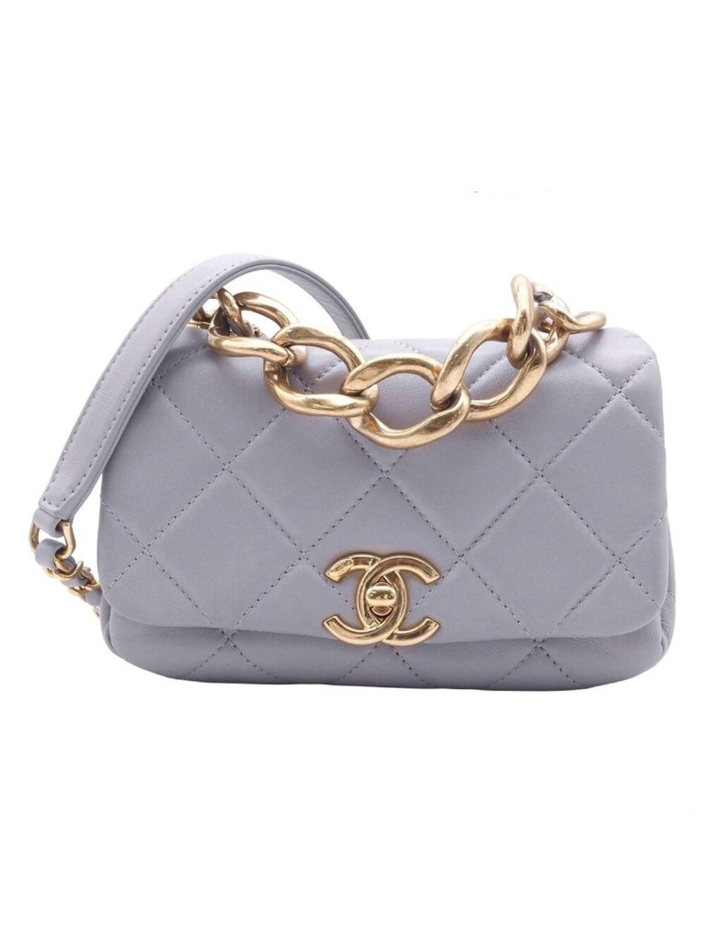 Chanel Chain Shoulder Bag Mini Quilted CC Logo Gray Lambskin 2-Way